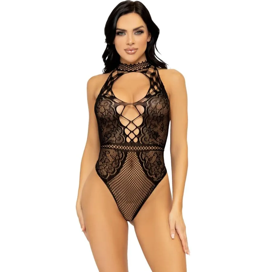 Leg Avenue - Fishnet & Floral Lace Keyhole Halter Bodysuit | One Size