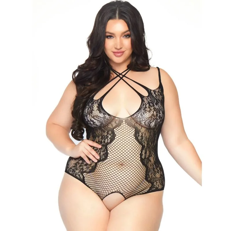 Leg Avenue Crotchless Lace & Net Teddy - Plus Size 1X-2X