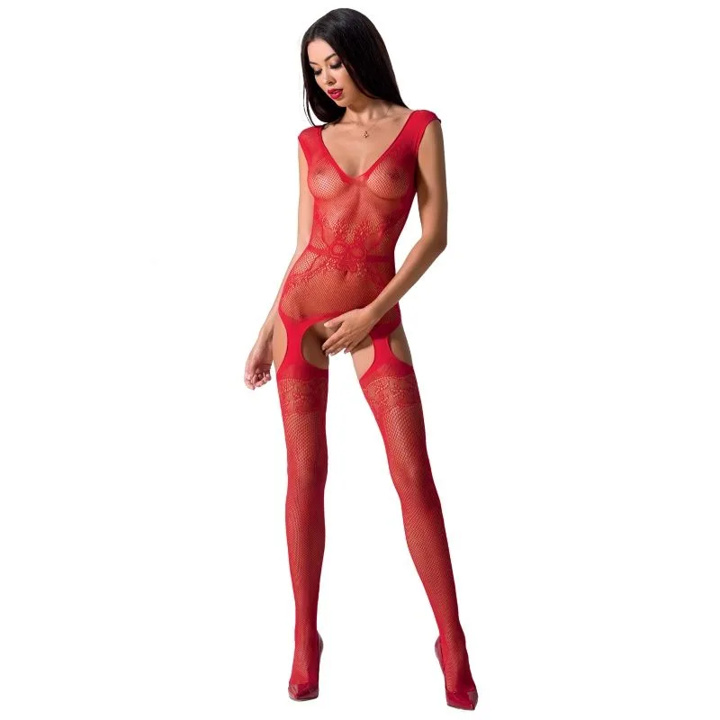Passion BS062 Röd Spetsbodystrumpa – Stretchig Lingerie i One Size för Kvinnor