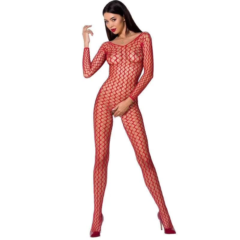Passion BS068 Röd Spets Bodystocking med Öppen Gren – One Size
