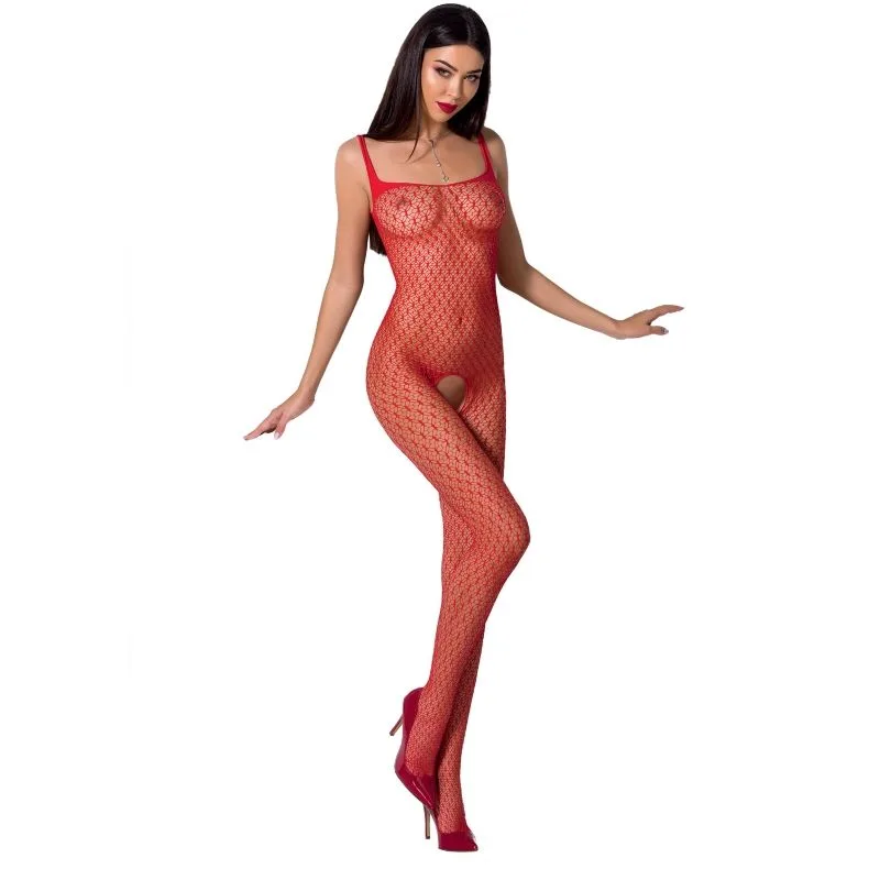 Passion BS071 Röd Spets Bodystocking med Öppen Gren | One Size