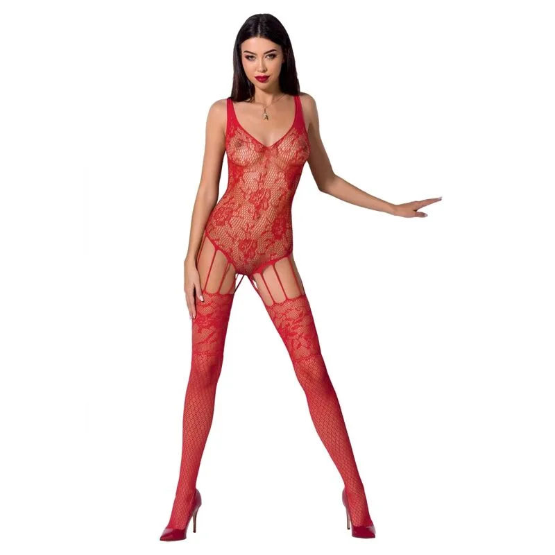 Passion BS074 Lace Bodystocking with Open Crotch – Red, One Size