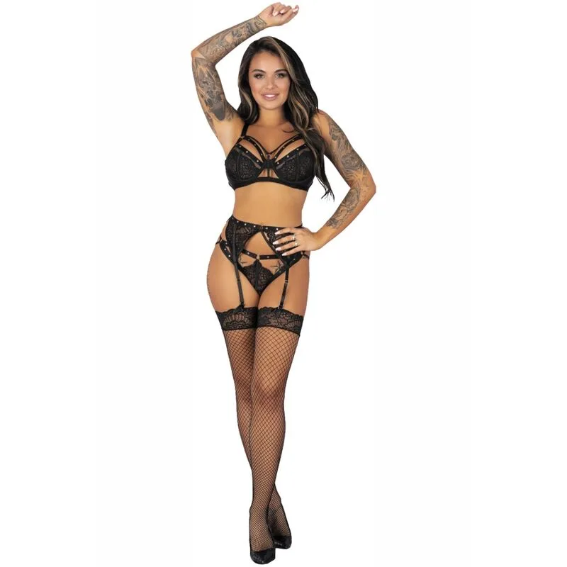 Livco Corsetti Fashion – Pojzon LC 90670 Four-Piece Lingerie Set (Bra, Garter Belt, Stockings & Panty) – Black – Size L/XL