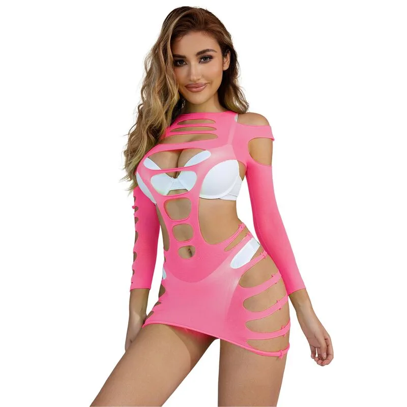 Subblime 952273 Long Sleeve Elastic Fishnet Dress – Pink, One Size