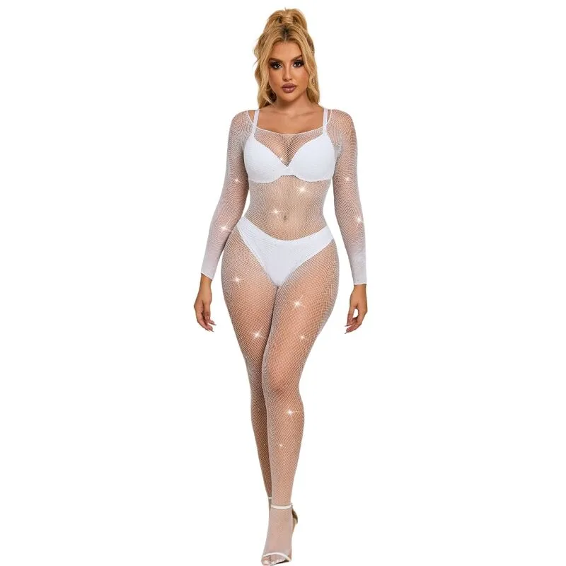 Subblime 952396 Fishnet Bodystocking with Diamond Embellishments – Long Sleeve, White, One Size