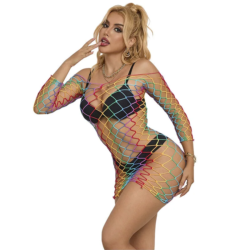Subblime 952426 Rainbow Long Sleeve Fishnet Dress – One Size Lingerie Statement Piece