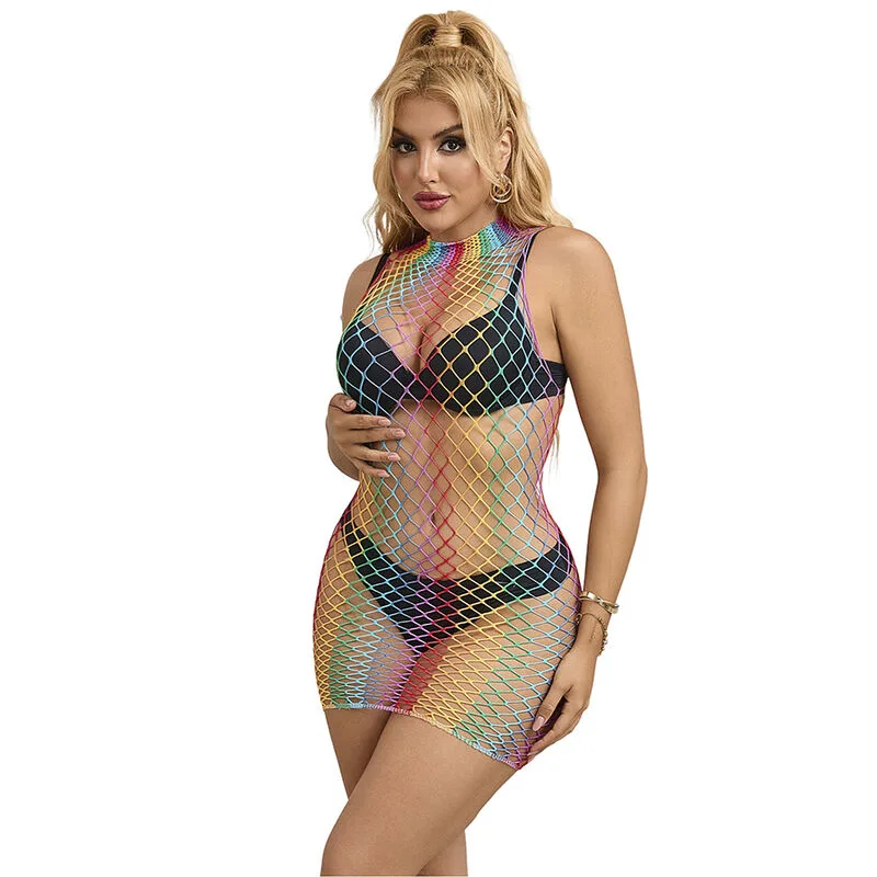 Subblime 952433 Rainbow High Neck Sleeveless Fishnet Mini Dress – One Size