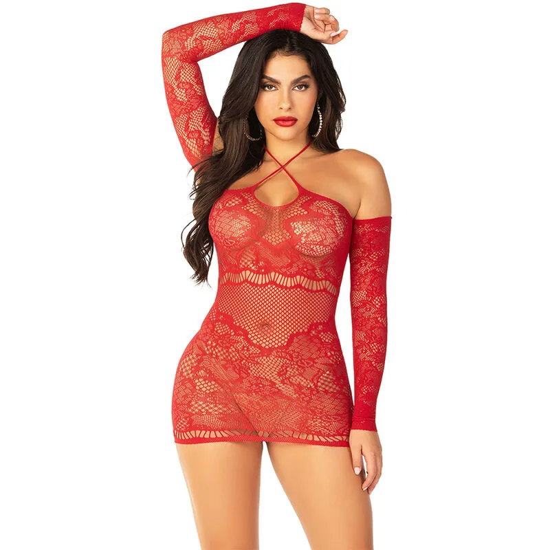 Leg Avenue - Off-Shoulder Långärmad Mesh Miniklänning i Rött