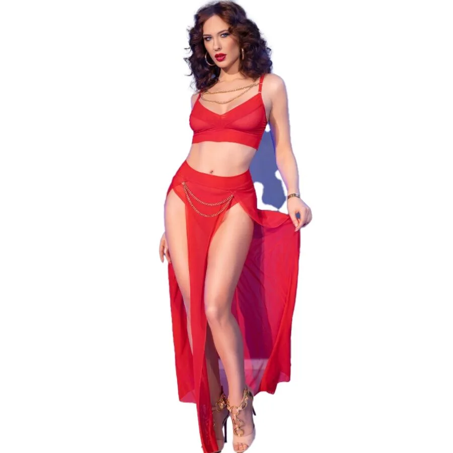 Chilirose CR 4850 Red and Gold Lingerie Top and Leggings Set – Size L