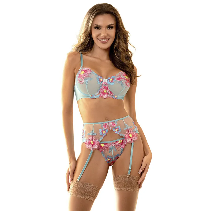 Subblime 957650 Flower Embroidered Bra and Garter Belt Set – Pink – Size L/XL