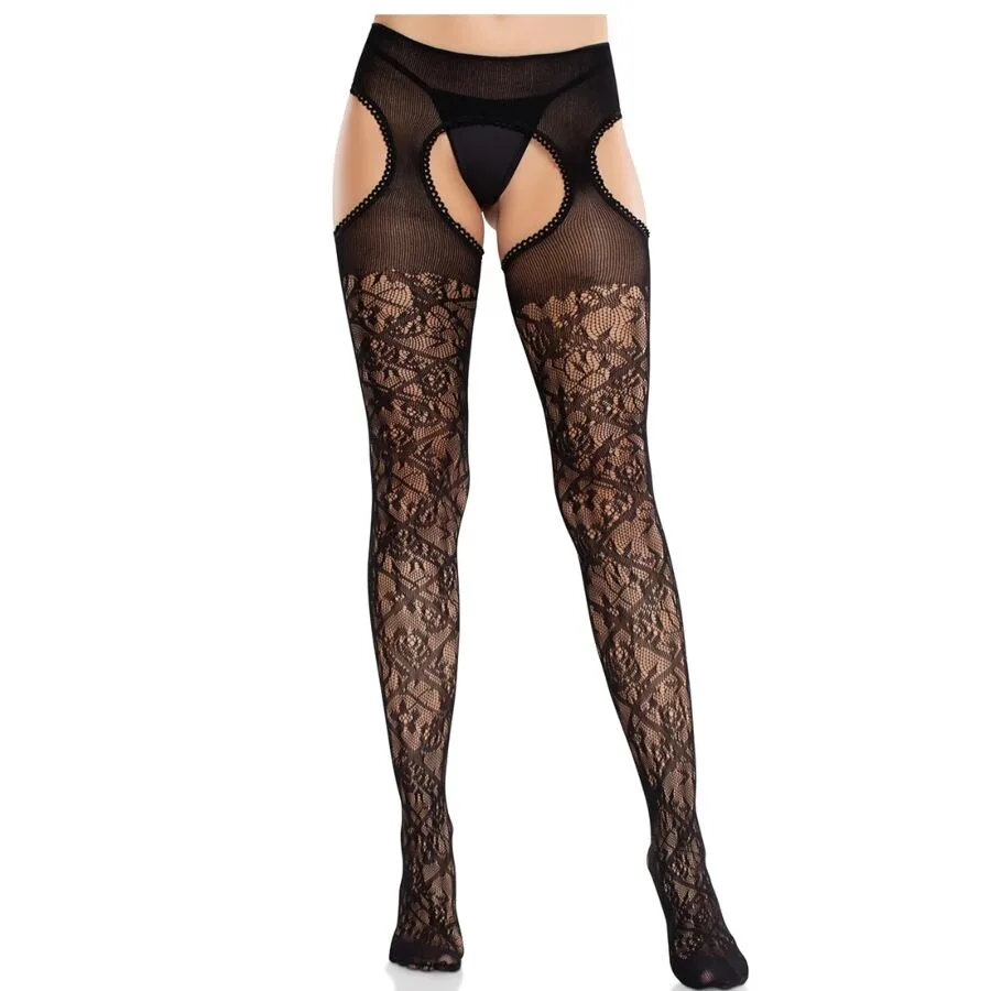 Leg Avenue - Blommig Spets Criss-Cross Strumpebyxor med Integrerade Hängslen, Svart