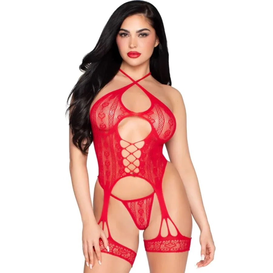 Leg Avenue 89338 Lace Open Bodysuit with Garter Belt & Thong Set – Red, One Size