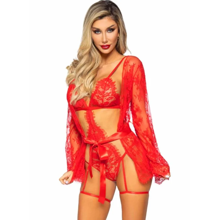Leg Avenue 86123 Lace Teddy & Garter Robe Set - Red, Size S