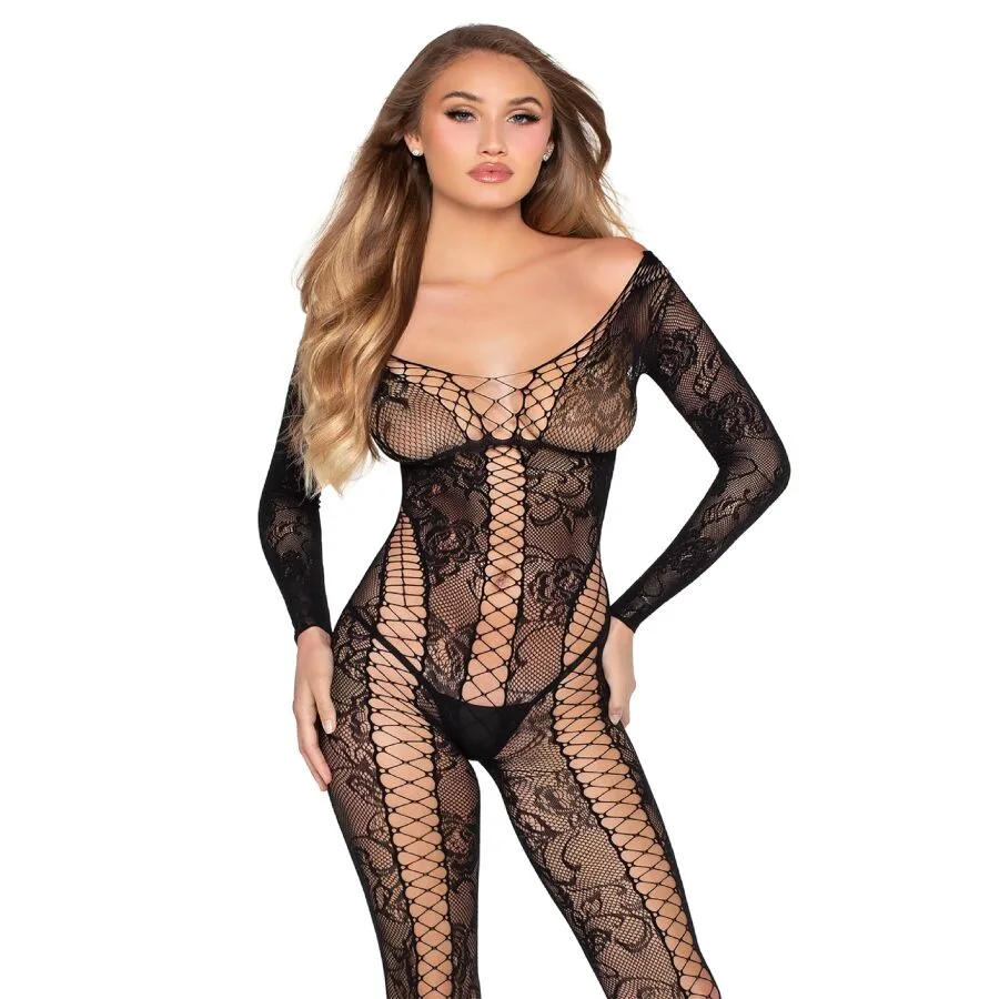 Leg Avenue 89369 Net & Lace Jumpsuit Bodystocking – Black, One Size