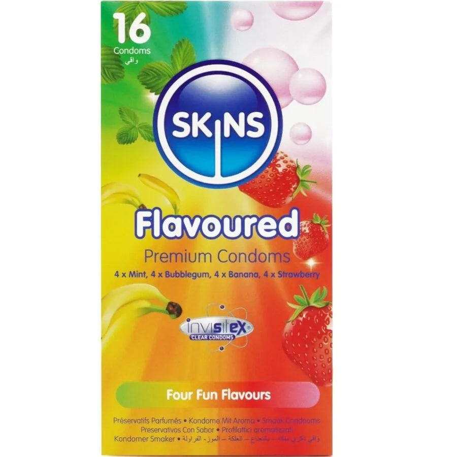 Skins Multi Flavour Premium Natural Latex Condoms – Assorted 16-Pack (Banana, Bubblegum, Mint & Strawberry)