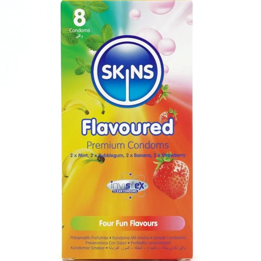 Skins Multi-Flavour Premium Latex Condoms – Assorted 8-Pack (Banana, Bubblegum, Mint & Strawberry)