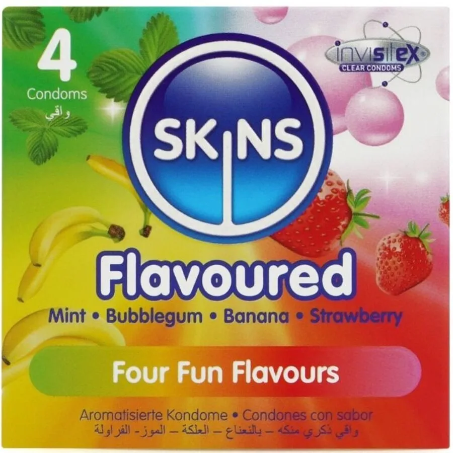 Skins Multi Flavours Premium Condoms – Assorted 4-Pack (Banana, Bubblegum, Mint & Strawberry)