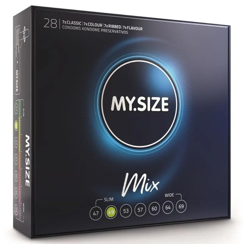My Size - Mix Condoms 49 mm | Variety Pack of 28 (Classic, Ribbed, Flavoured & Coloured)