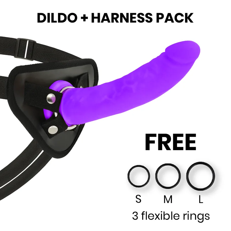 Delta Club - Harness & Silicone Dong Set Purple | 20 cm Length x 4 cm Diameter