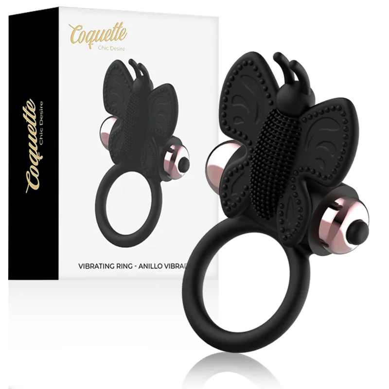 Coquette Chic Desire - Vibrating Penile Ring with Butterfly Stimulator | Black & Gold
