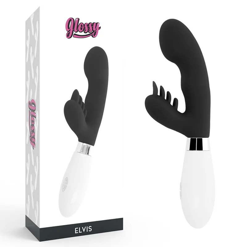 Glossy Elvis Rabbit Vibrator – Black | Dual-Motor Silicone Massager with 10 Vibration Modes