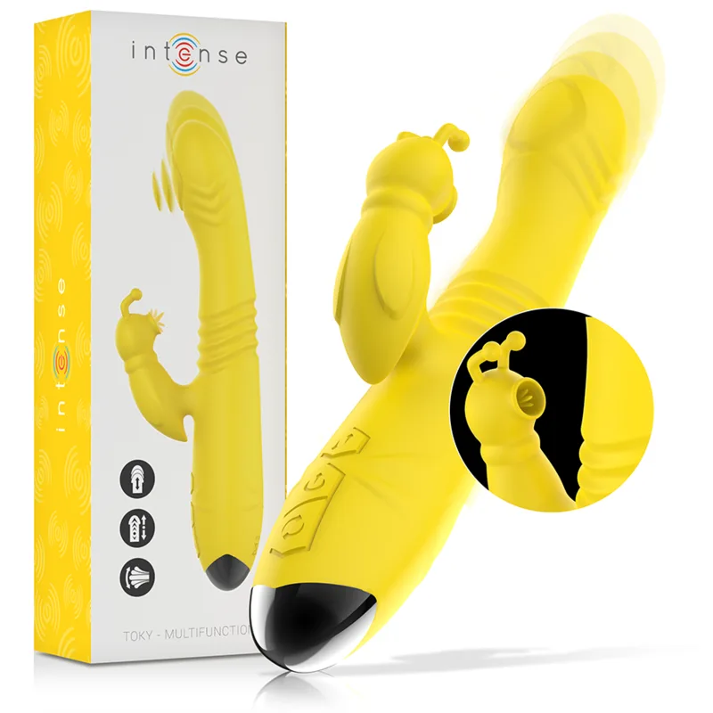 Intense - Toky Multifunktionell Uppladdningsbar Vibrator med Upp- och Nedrörelser samt Klitorisstimulator - Gul