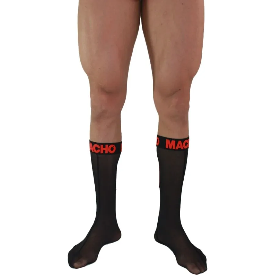 Macho - Halvtransparenta Fetischstrumpor, Svart/Röd, One Size (EU 36–44)