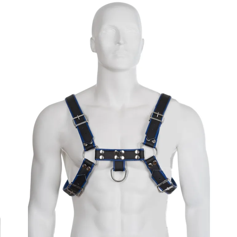 Leather Body – Blått & Svart Läder Bröstselar | Bulldog BDSM Kroppssele för Män