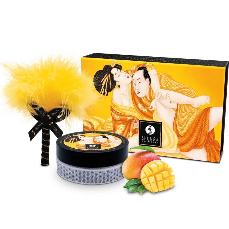 Shunga Ätbart Massagepuder med Fjäderborste – Mango
