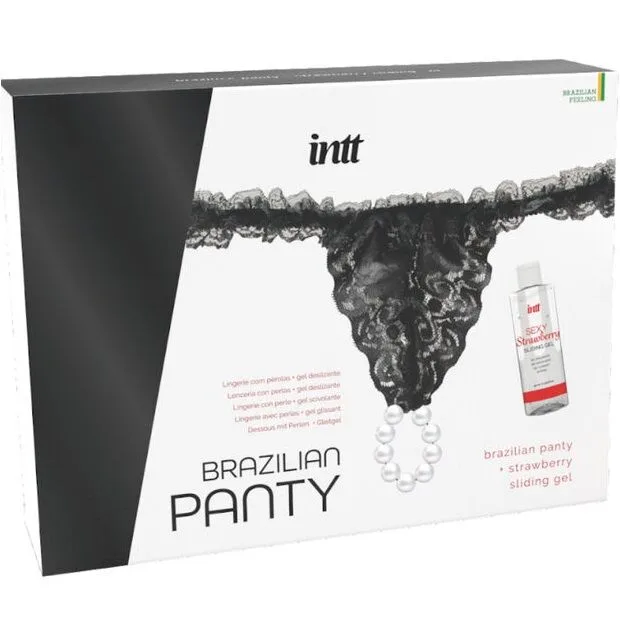 INTT Brazilian Black Lace Pearl Thong with Strawberry Water-Based Lubricant Gel 50 ml