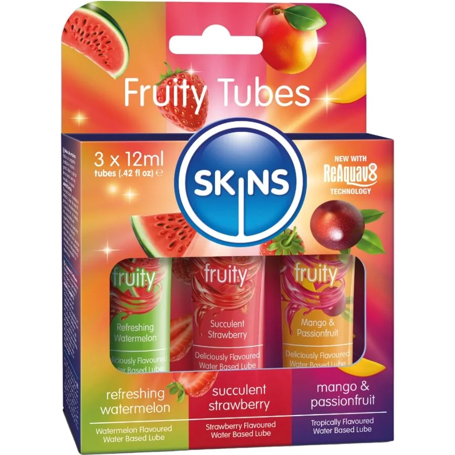 Skins Fruity Lubes Kit – Vattenmelon, Jordgubbe & Mango Smaksatta Vattenbaserade Glidmedel | 3 x 12 ml