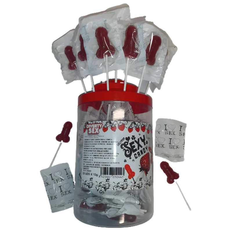 Diablo Picante - Penis-Shaped Lollipops with Strawberry & Cherry Flavour – Display Jar of 50 Units
