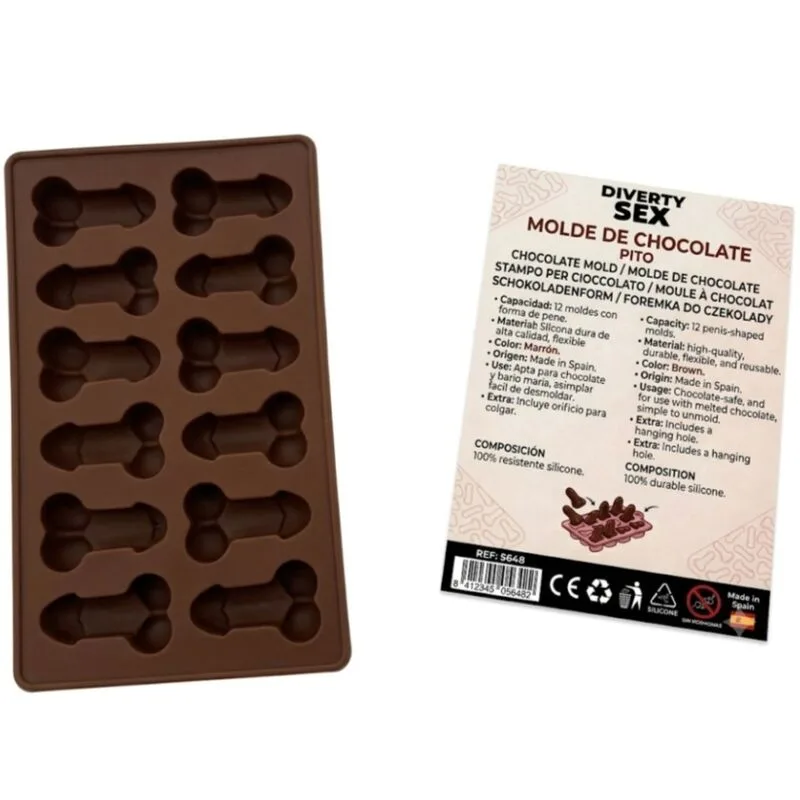 Diablo Picante - Silikonform för Choklad & Konfektyr med 12 Penisformade Hålrum och Upphängningsögla, Röd