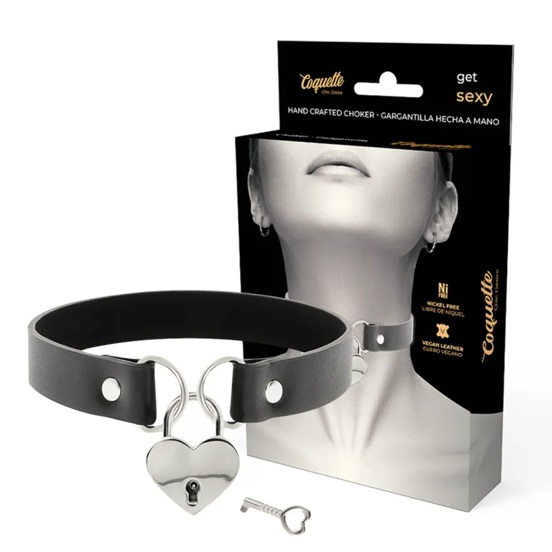 Coquette Chic Desire – Vegan Leather Collar Necklace with Heart Charm and Key Detail