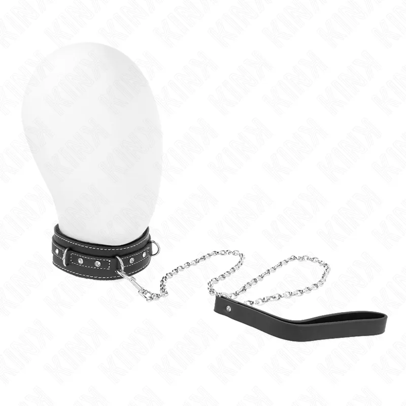 Kink - PVC Leather Collar Necklace with Belt Fastening | 105 CM | Rhinestone Rivet Detail | Decorative Panel 41.5 x 4 CM