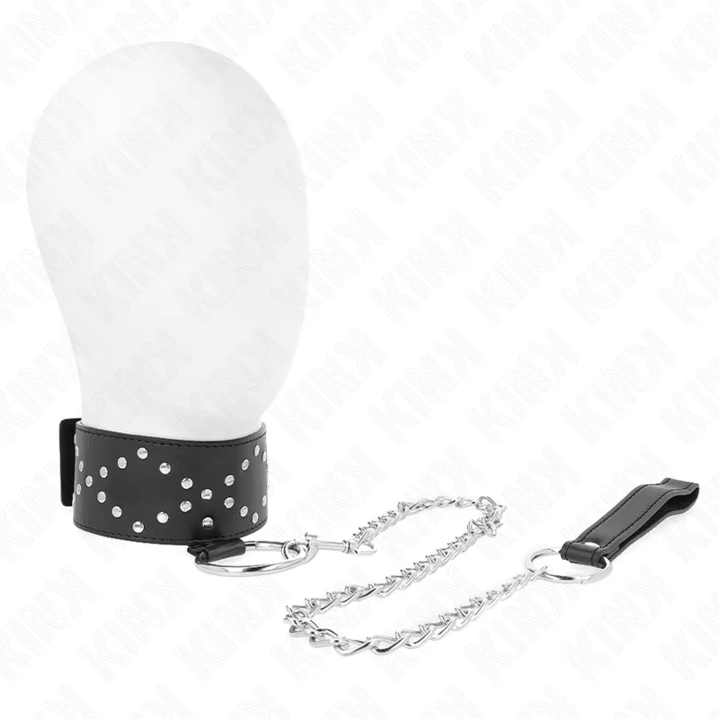 Kink Adjustable Collar Necklace with Leash – Silver Stud Detail, Model 3 (36–43 CM × 5 CM, 65 CM Leash)