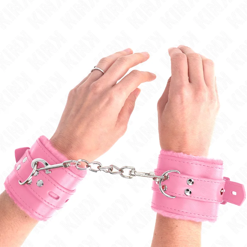 Kink Fur-Lined Wrist Restraints with Square Detail – Pink, Adjustable Belt Closure, 17–29 cm x 6 cm