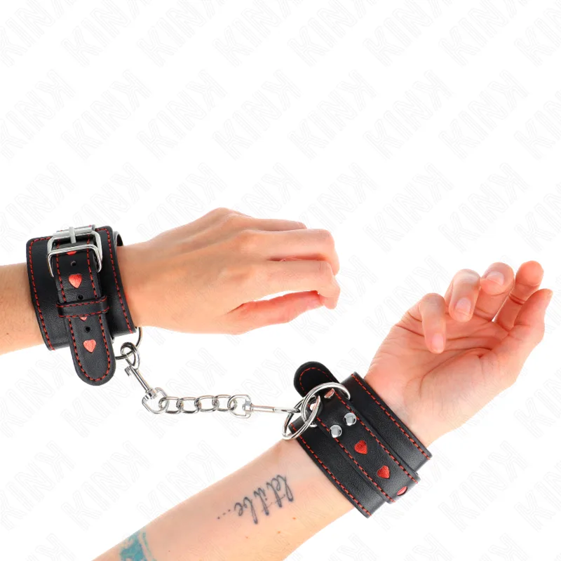 Kink Black Wrist Restraints with Red Heart Inlay – Adjustable 21–28 cm x 5.5 cm