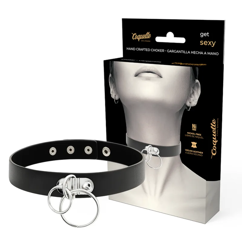 Coquette Chic Desire - Double Ring Vegan Leather BDSM Collar Choker