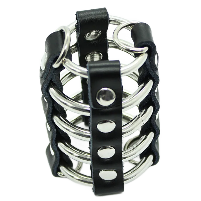 Ohmama Fetish – Male Chastity Cage with Metal Rings and Adjustable Leather Restraint Straps