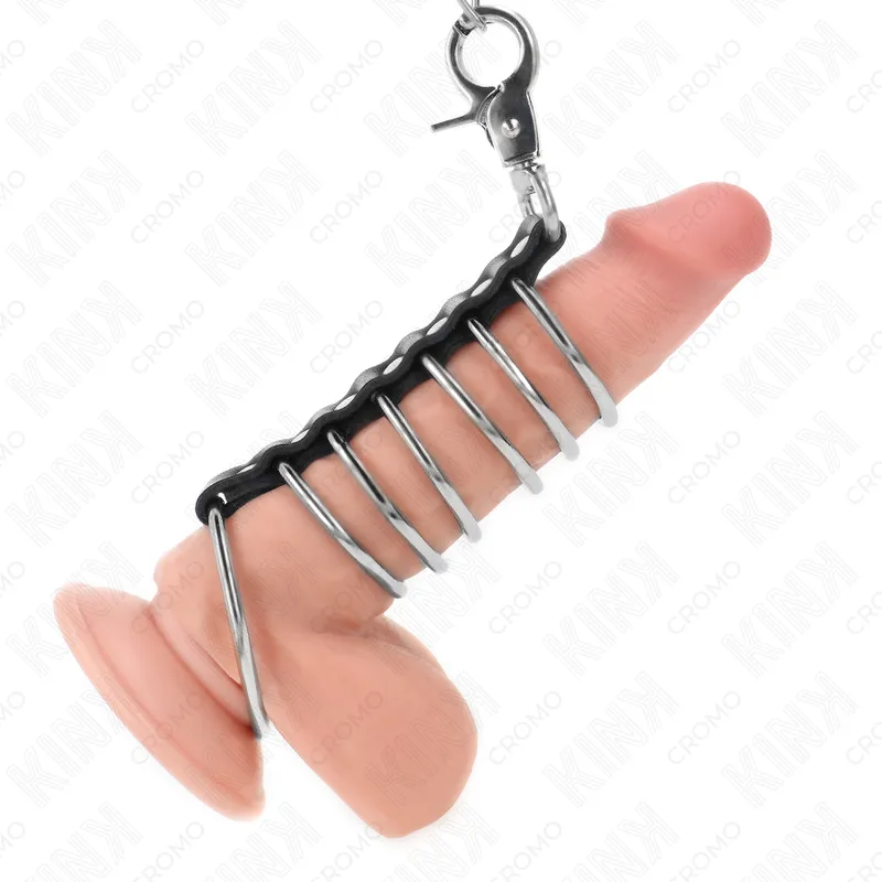 Kink 7-Piece Metal Penis Ring Set with Leather and Metal Chain – Graduated Sizes 3.8 cm to 5 cm, 100 cm Chain