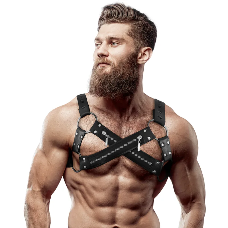 Fetish Submissive Attitude - Justerbar Neopren Cross-Over Bröstsele Bulldog Harness med Dragkedjor för Män
