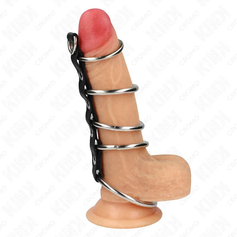 Kink - Set of 5 Metal Penile Rings Connected by Leather Strap – Graduated Sizes 3.2 cm to 5 cm
