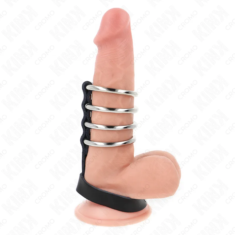 Kink - 4 Metal Penis Rings Connected with Leather Strap and Pressure Closure