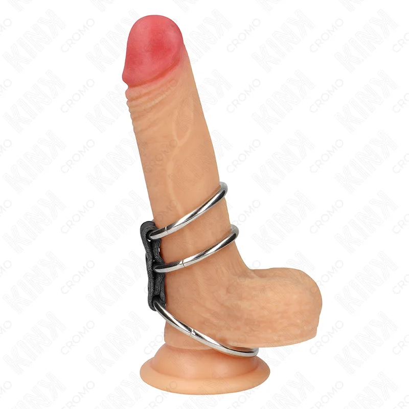 Kink Triple Metal Penile Ring Set – 3.7 cm to 5 cm, Leather-Connected