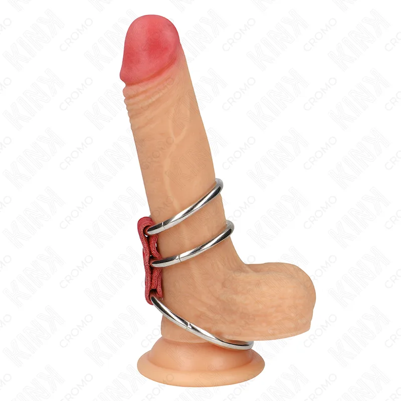 Kink - Triple Metal Penis Ring Set 3.7 cm to 5 cm Connected with Red Leather Strap