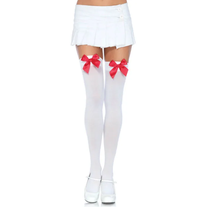 Leg Avenue - Nylon Thigh High Stockings with Decorative Bow | White & Red