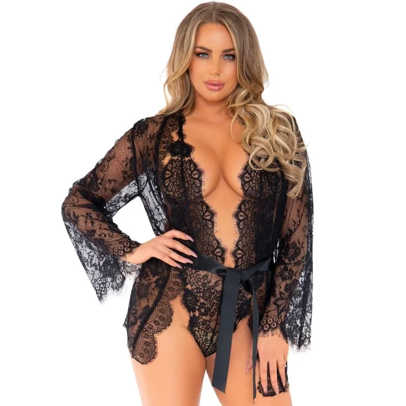 Leg Avenue Teddy och Robe Tredelig Lingerieuppsättning – Svart – Storlek L