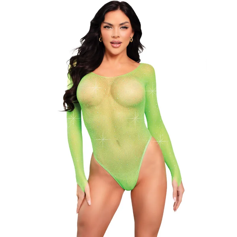 Leg Avenue - Crystalized Long Sleeve Rhinestone Fishnet Bodysuit with Snap Crotch, Green