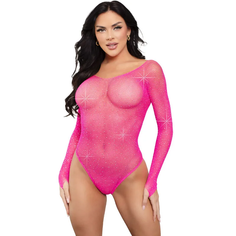 Leg Avenue - Crystalized Long Sleeve Rhinestone Fishnet Bodysuit in Fuchsia